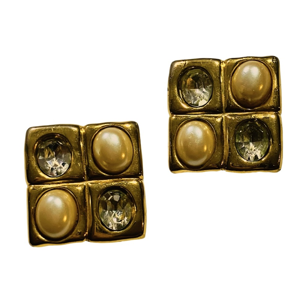 Vintage Givenchy Gold-Tone Crystal & Pearl Clip-On Earrings